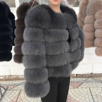 Luxurious real fox fur coat womens in a stylish gray design with plush, soft texture