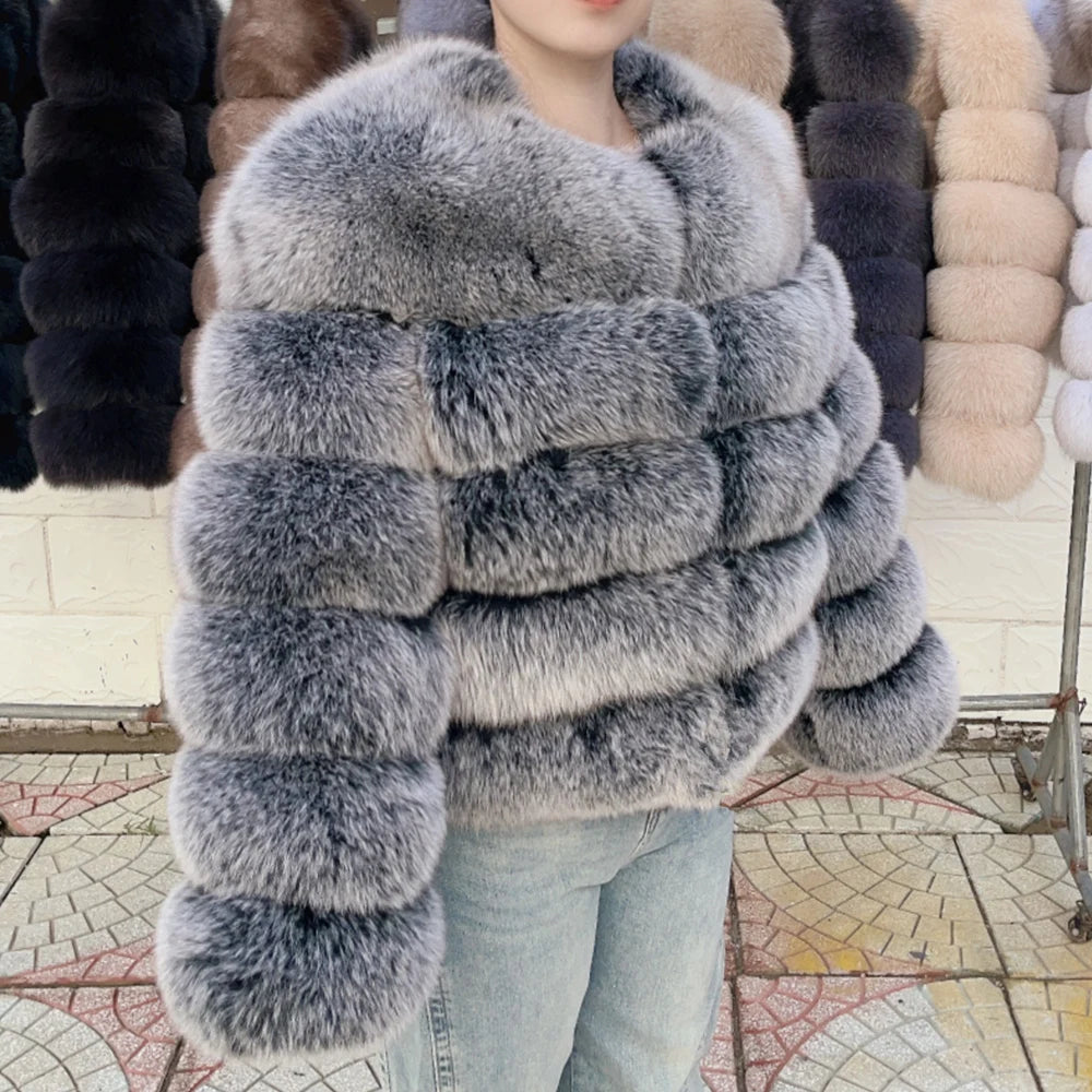 Luxurious real fox fur coat womens in gray with plush texture and stylish design