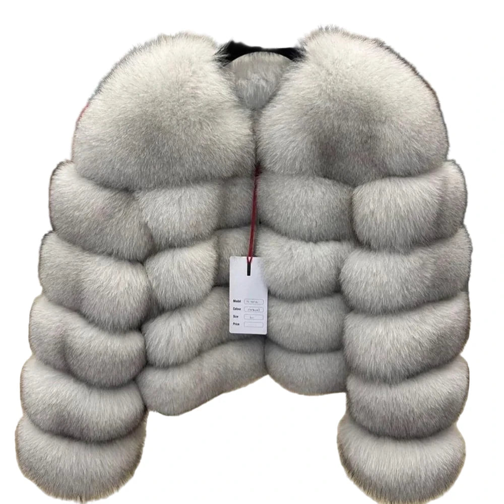 Luxurious real fox fur coat womens in elegant gray with plush texture and stylish design