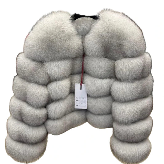 Luxurious real fox fur coat womens in elegant gray with plush texture and stylish design