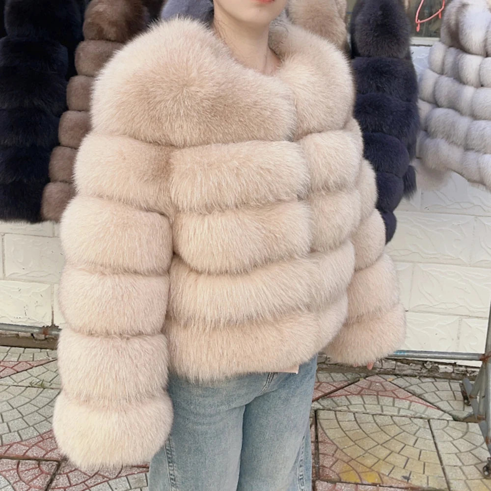 Luxurious real fox fur coat womens in soft beige, fashionable and warm for winter stylish wear