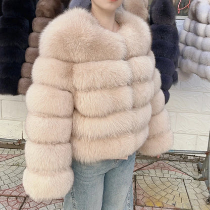 Luxurious real fox fur coat womens in soft beige, fashionable and warm for winter stylish wear