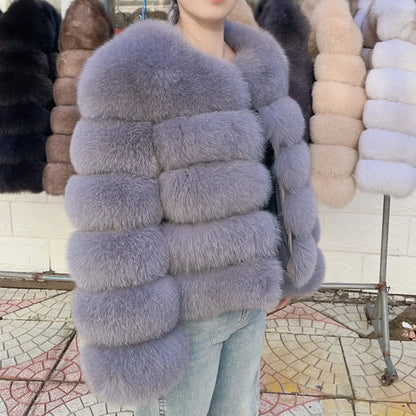 Luxurious real fox fur coat womens in soft gray with fluffy sleeves for a stylish winter look