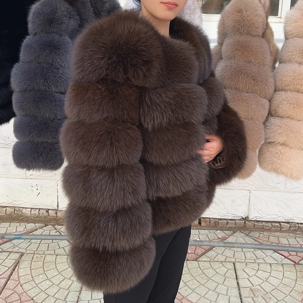 Luxurious real fox fur coat womens in rich brown color, ideal for upscale fashion looks and winter warmth