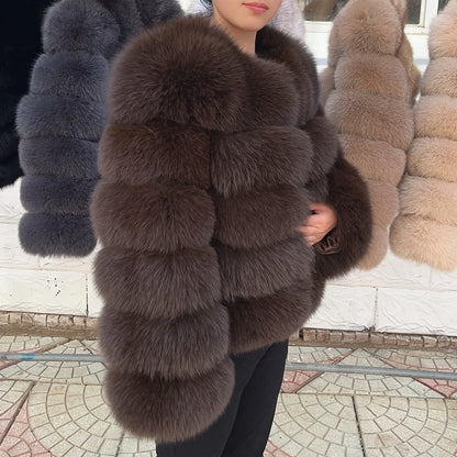 Luxurious real fox fur coat womens in rich brown color, ideal for upscale fashion looks and winter warmth