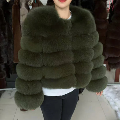 Luxurious real fox fur coat womens in a plush olive green hue, perfect for stylish winter wear