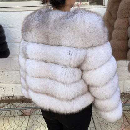 Luxurious real fox fur coat womens with a plush and stylish design in light gray