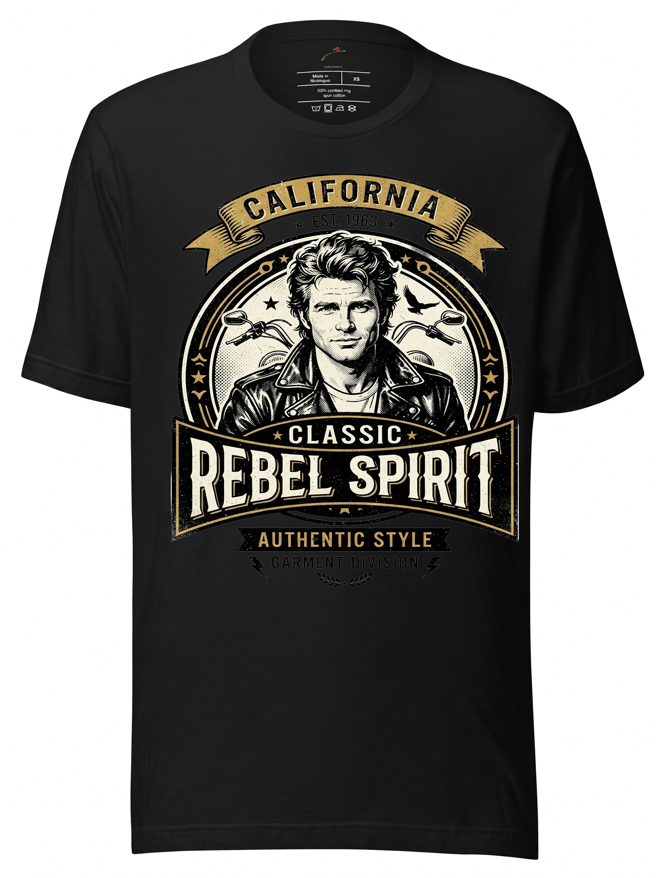 Black graphic tee clothing featuring Classic Rebel Spirit graphic with California design