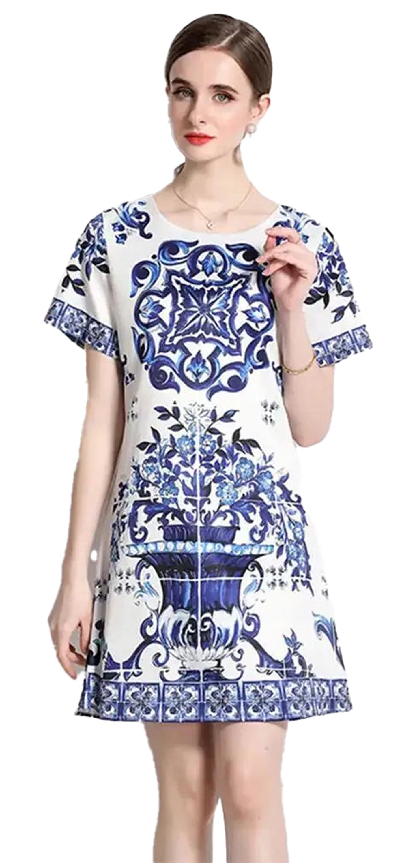 Fit and flare red and white porcelain mini dress by LuckeLadybug LLC with elegant floral design.