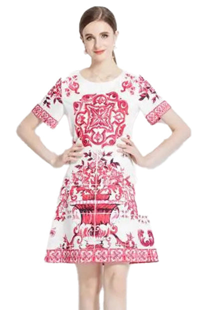 Stylish red and white porcelain mini dress with floral designs and short sleeves from LuckeLadybug LLC