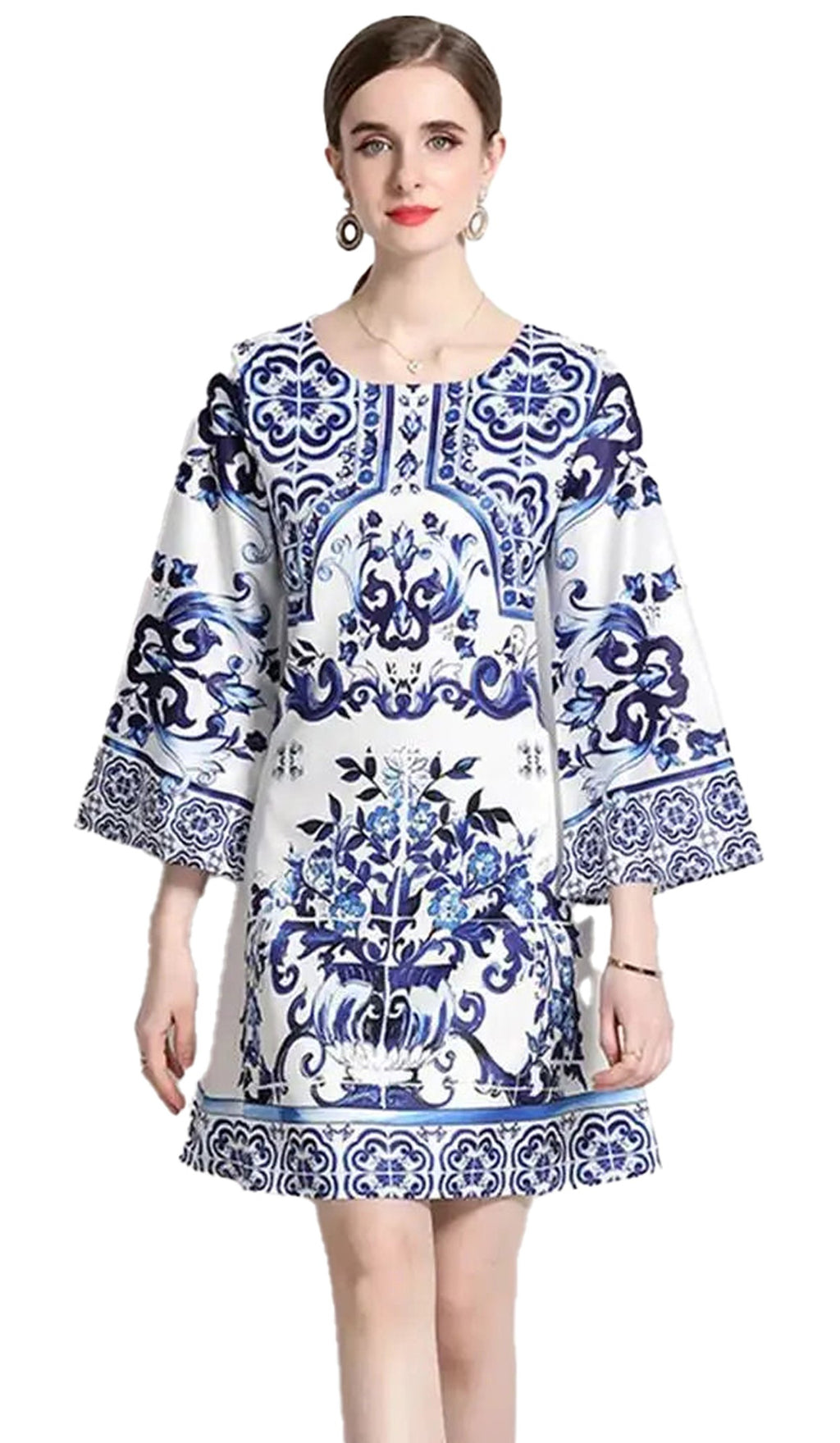 Stylish Fit & Flare red and white porcelain mini dress featuring elegant floral patterns and bell sleeves