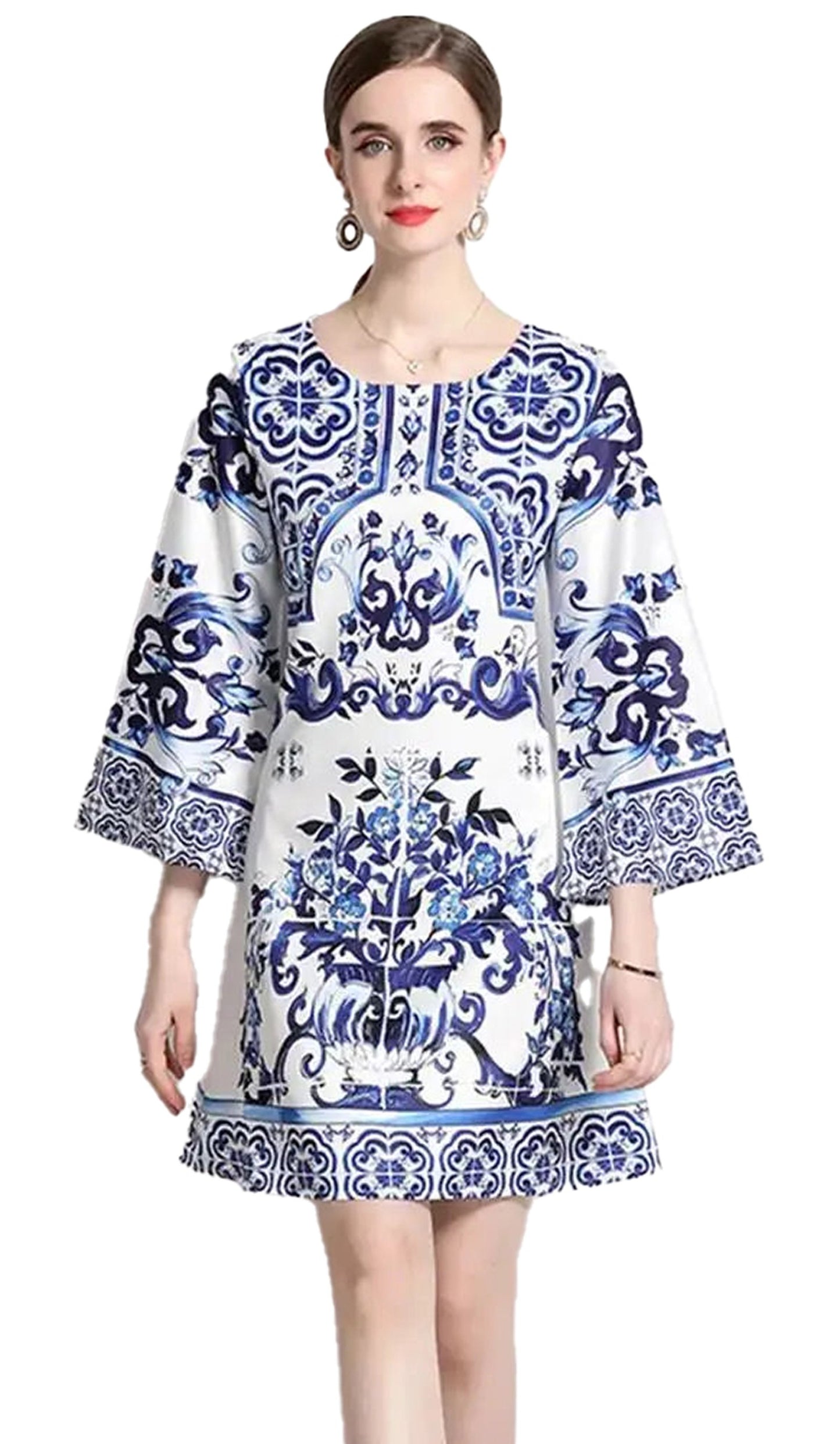 Stylish Fit & Flare red and white porcelain mini dress featuring elegant floral patterns and bell sleeves