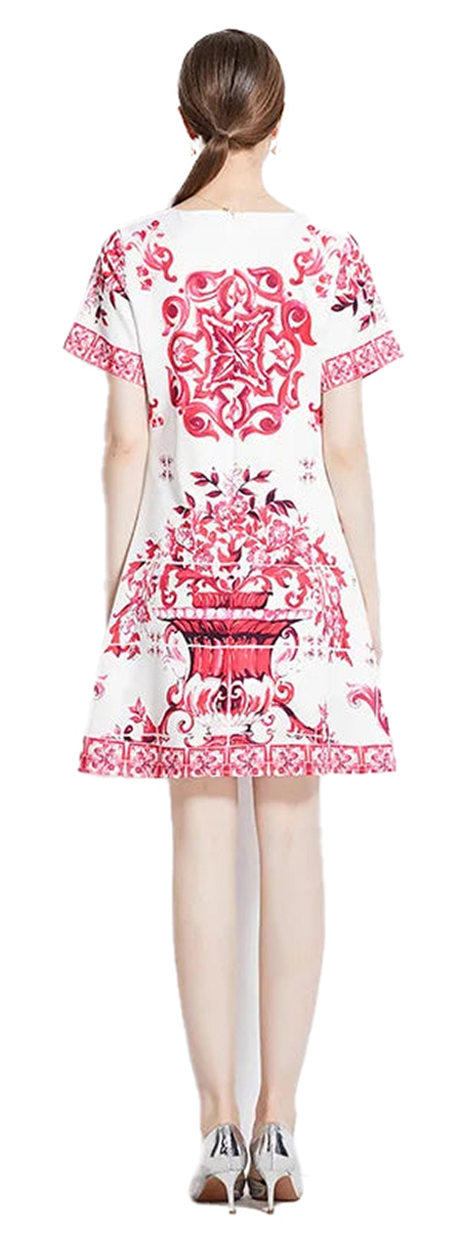 Back view of a red and white porcelain mini dress featuring floral and vase patterns