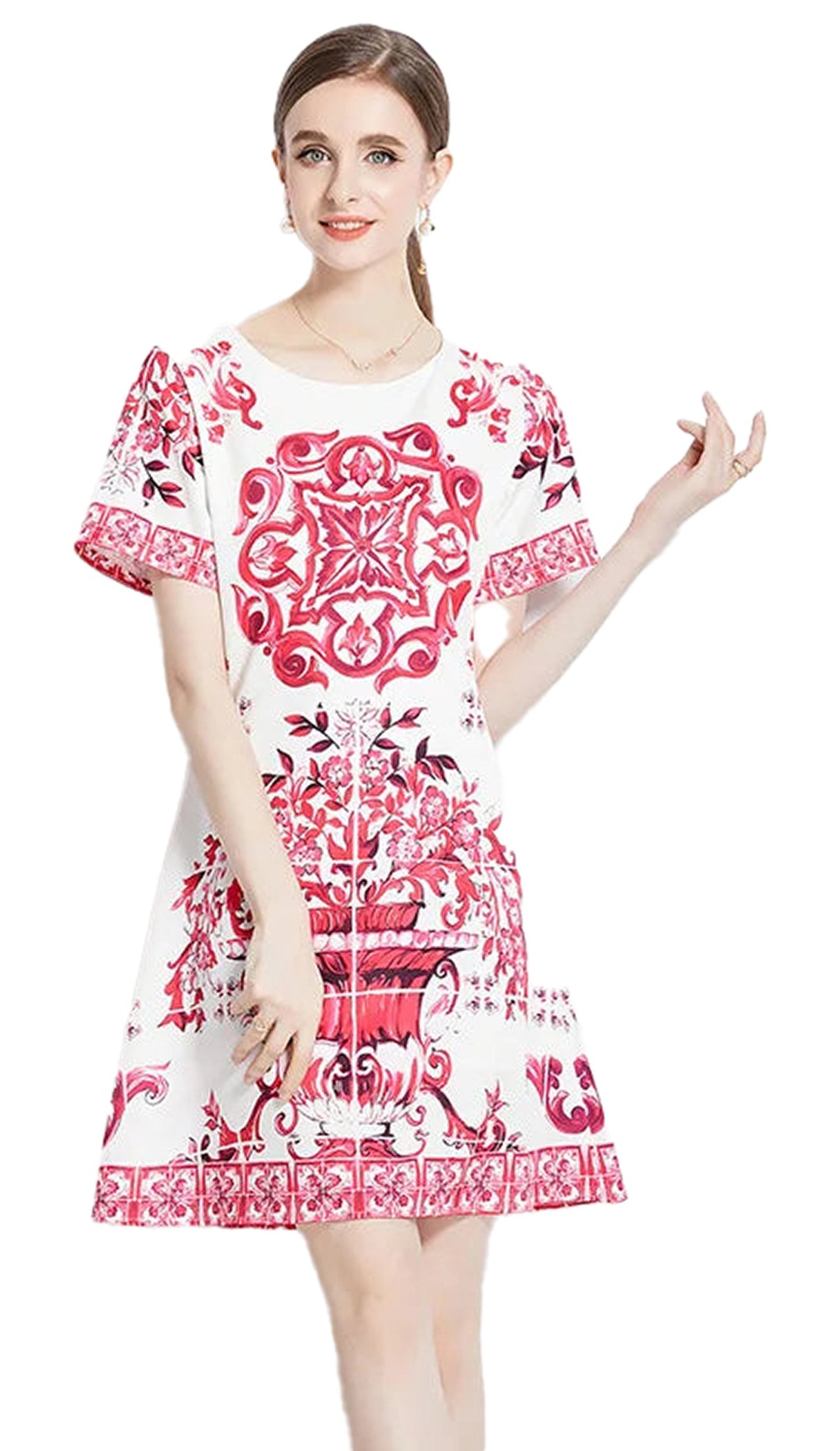 LuckeLadybug LLC red and white porcelain mini dress featuring a vibrant floral design and short sleeves