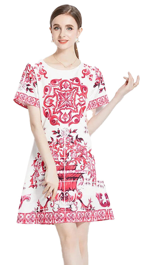 LuckeLadybug LLC red and white porcelain mini dress featuring a vibrant floral design and short sleeves