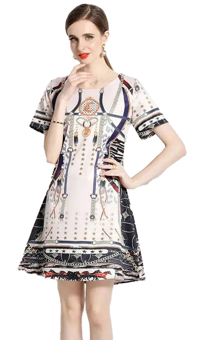 Red and white porcelain mini dress with a chic fit and flare design, perfect for summer outings