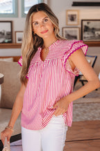Red and white striped blouse with ruffle sleeves for a stylish summer look by LuckeLadybug LLC