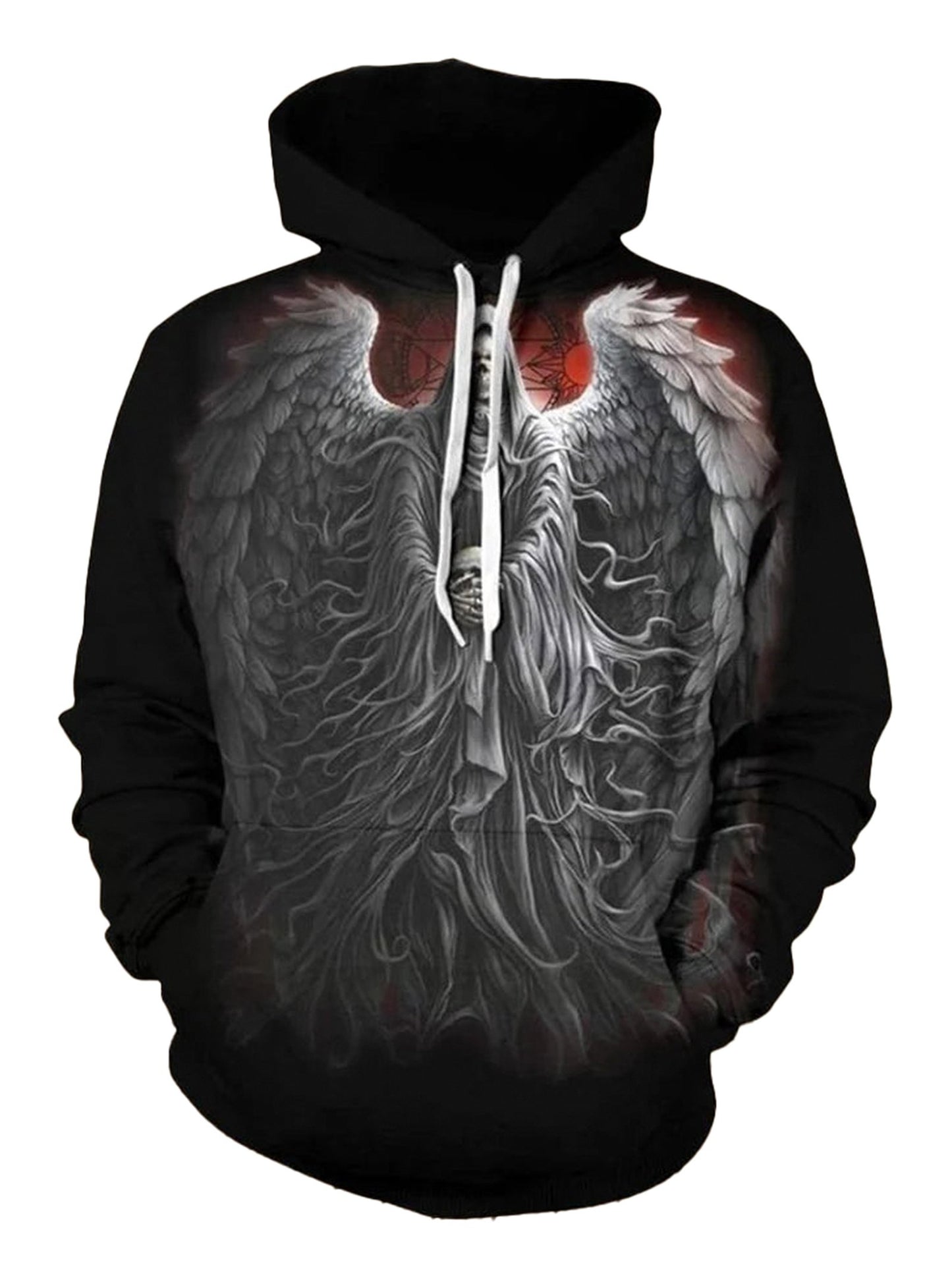 Red black skull angel hoodie men featuring detailed angel wings and a skull design