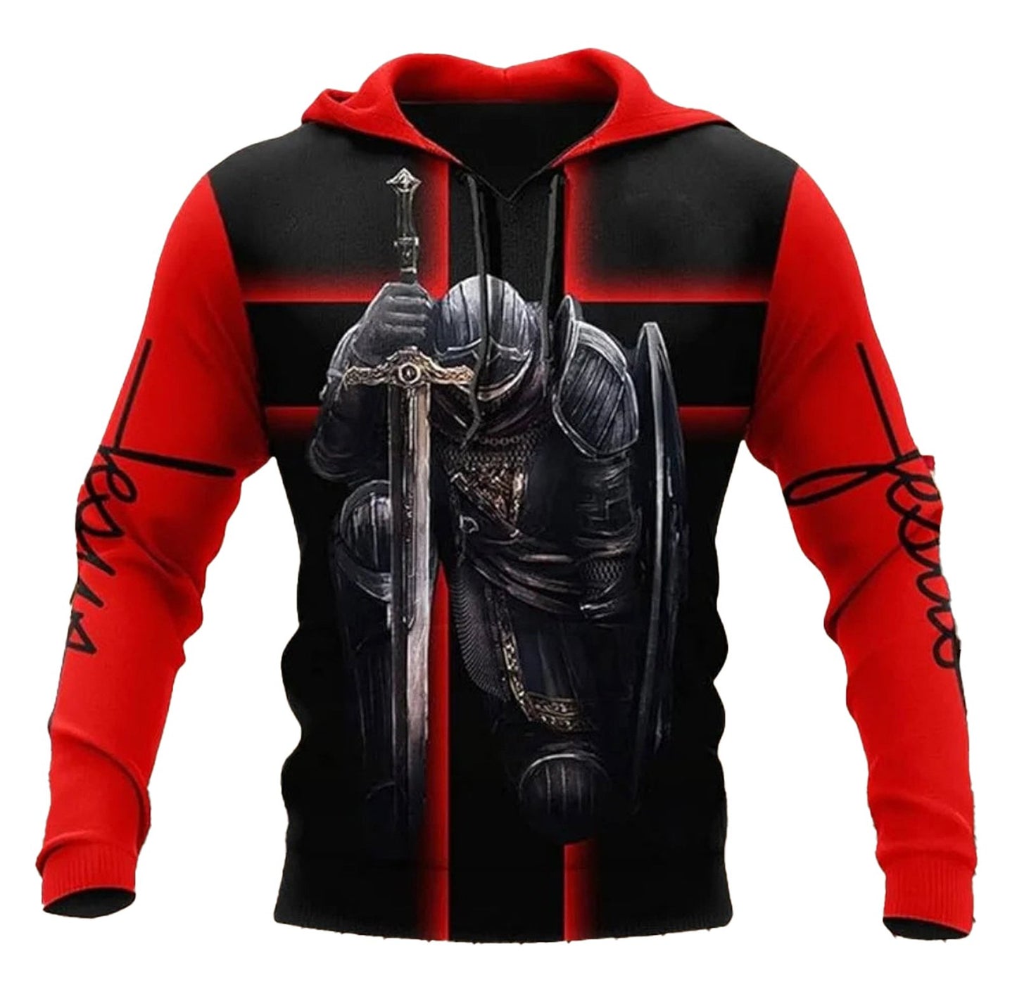 Red black skull angel hoodie men featuring a knight with sword design on a stylish background