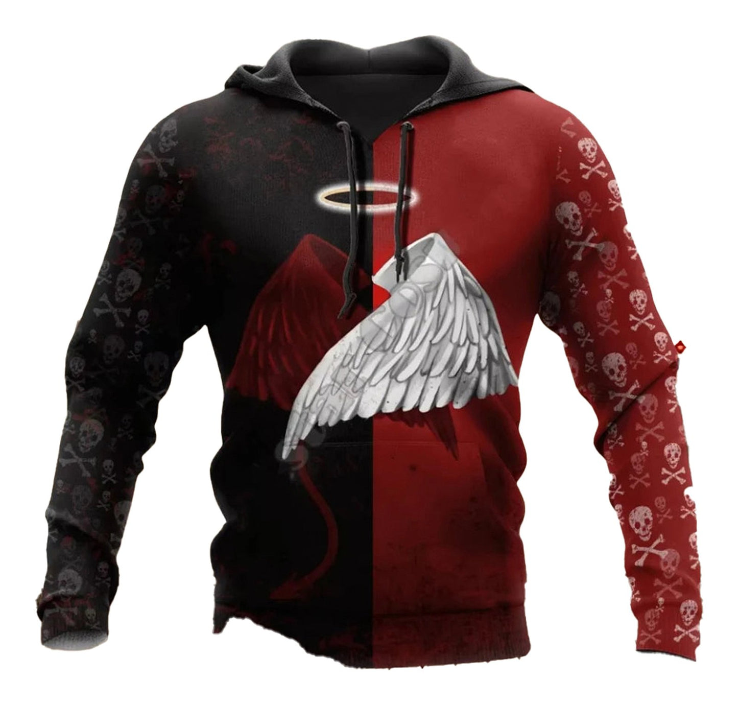 Red black skull angel hoodie men featuring angel wings and a halo design