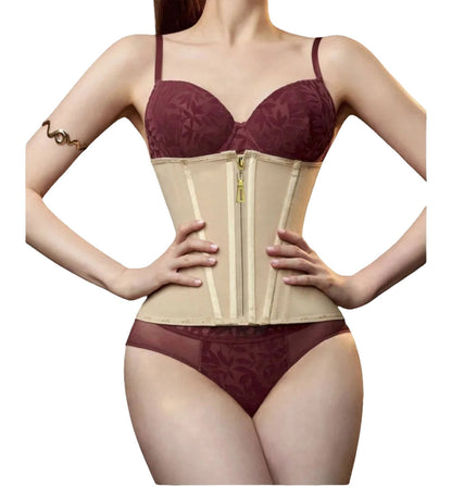 LuckeLadybug LLC red black striped overbust corset featuring a flattering design and secure zip closure