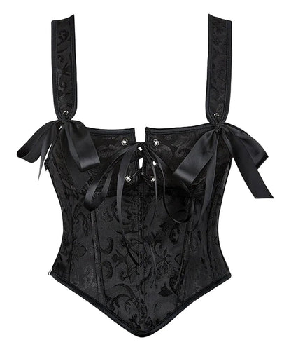 Black corset shirt with elegant design and bow details, perfect for pairing with various outfits