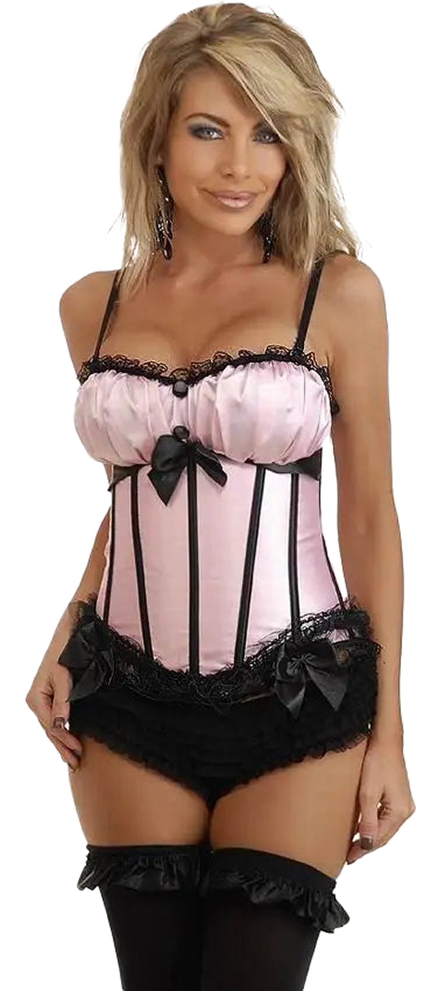 Stylish red black striped overbust corset with lace trim and bow details for a chic look