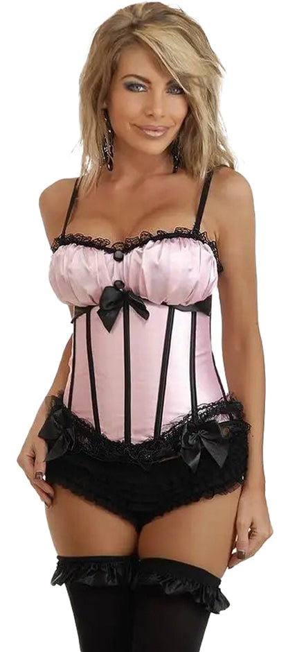 Stylish red black striped overbust corset with lace trim and bow details for a chic look