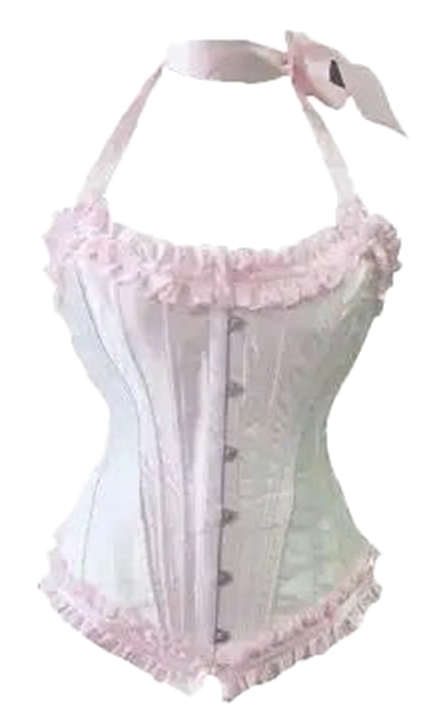 Elegant pink corset shirt with ruffles and bow detail, flattering overbust design