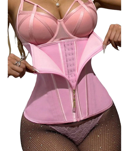 Pink corset shirt featuring adjustable straps and a front zipper, perfect for an attractive style with a red black striped overbust corset