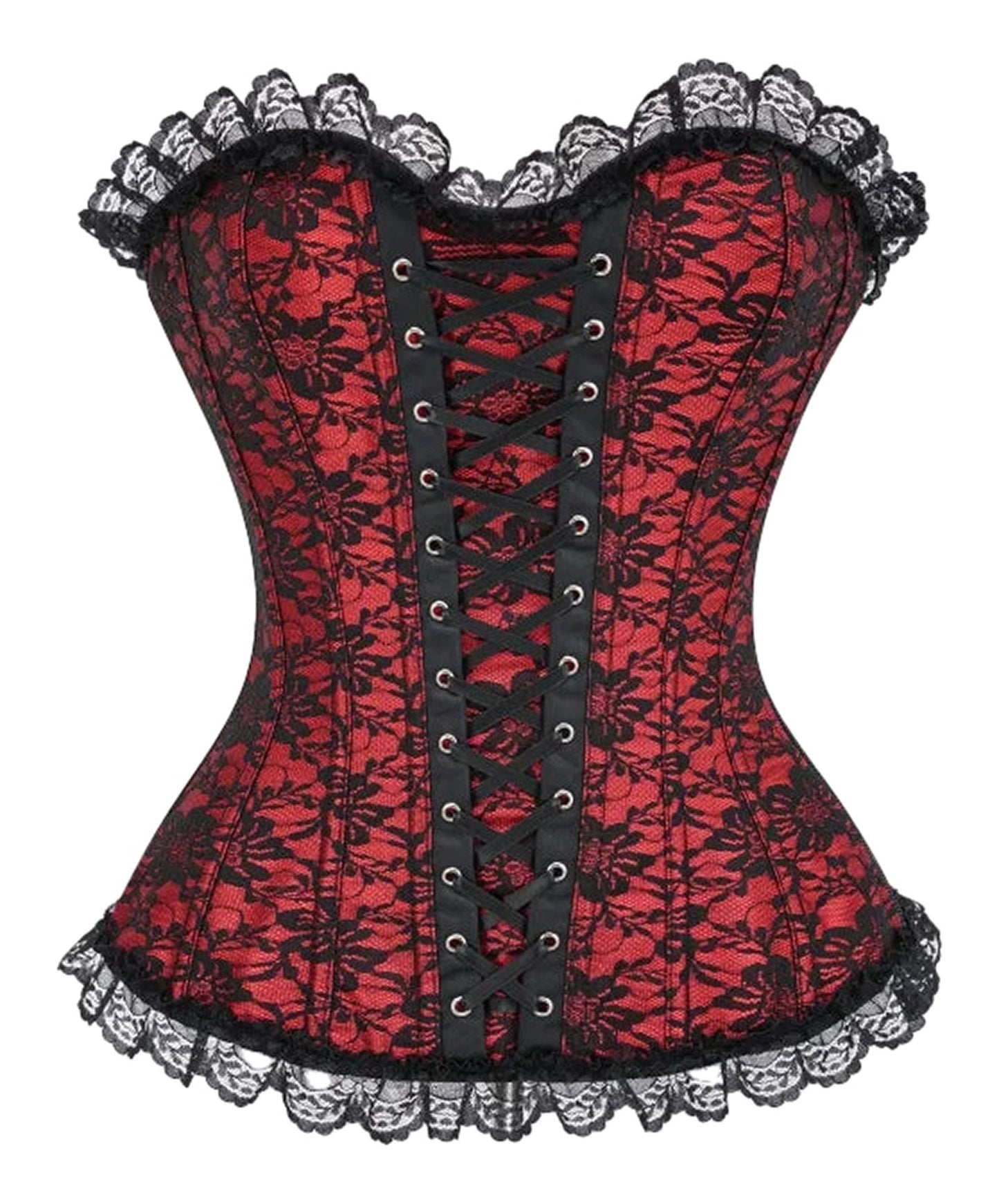 Red black striped overbust corset with lace detailing and a flattering hourglass shape
