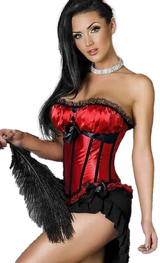 Elegant red black striped overbust corset with lace trim and stylish design for a bold look
