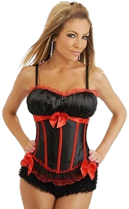 Red black striped overbust corset shirt with decorative bows and lace trim for a stylish look