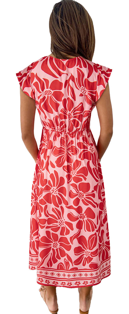 Back view of a red boho floral maxi dress with short sleeves and a cinched waist for a stylish look