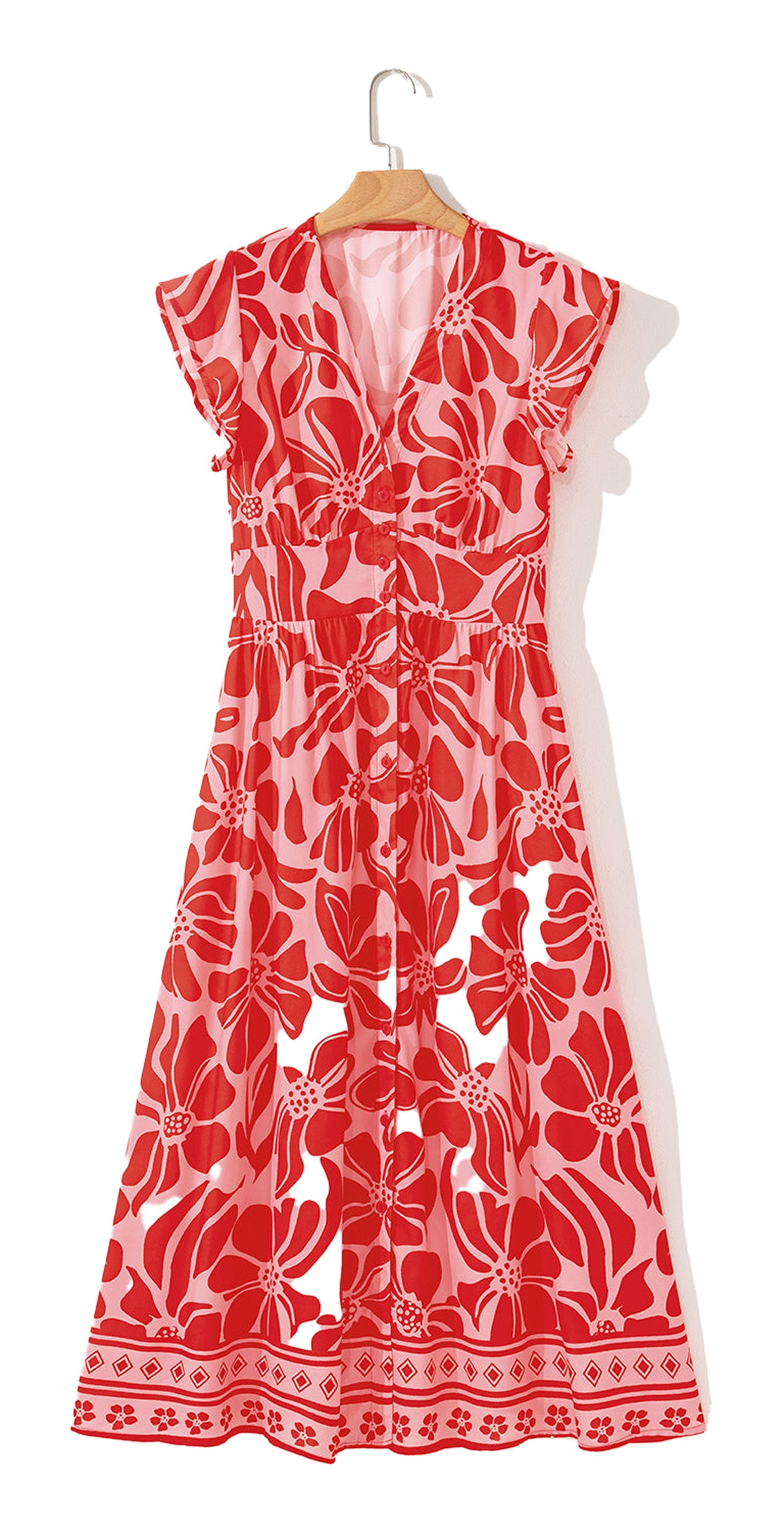 LuckeLadybug red boho floral maxi dress with short sleeves and vibrant floral pattern