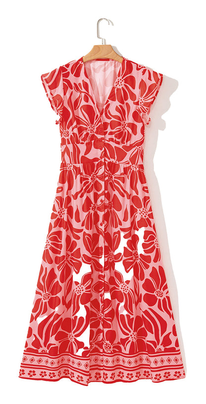 LuckeLadybug red boho floral maxi dress with short sleeves and vibrant floral pattern