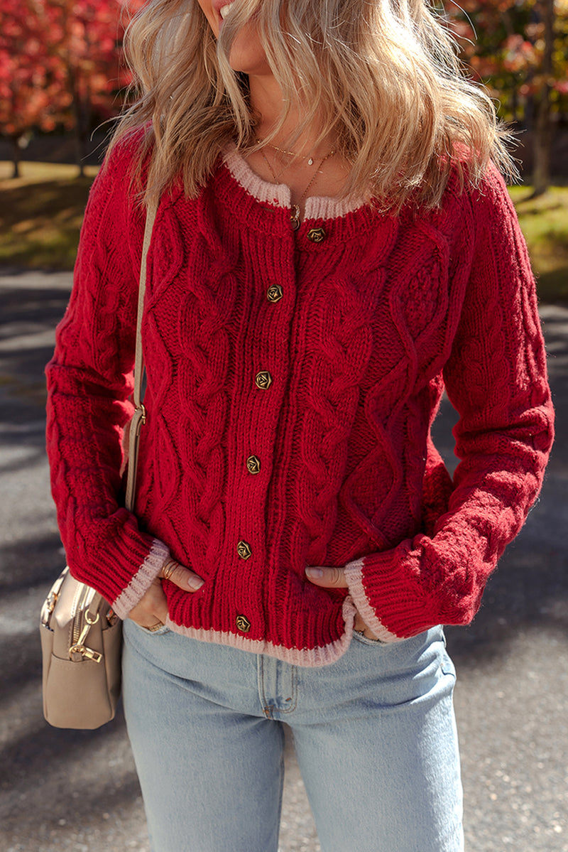 Red Cardigan with Cable Knit Detail