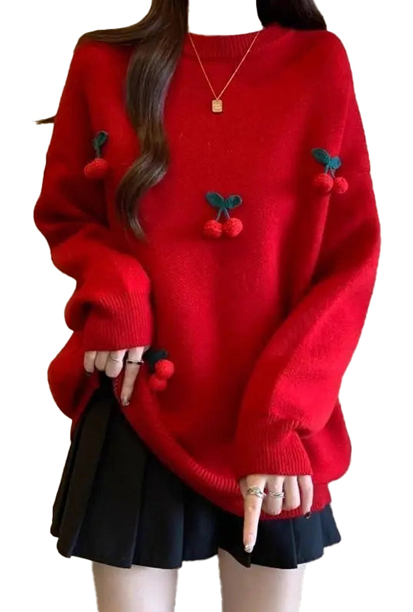 Red cherry sweater for women with fruit embellishments, perfect for stylish casual wear