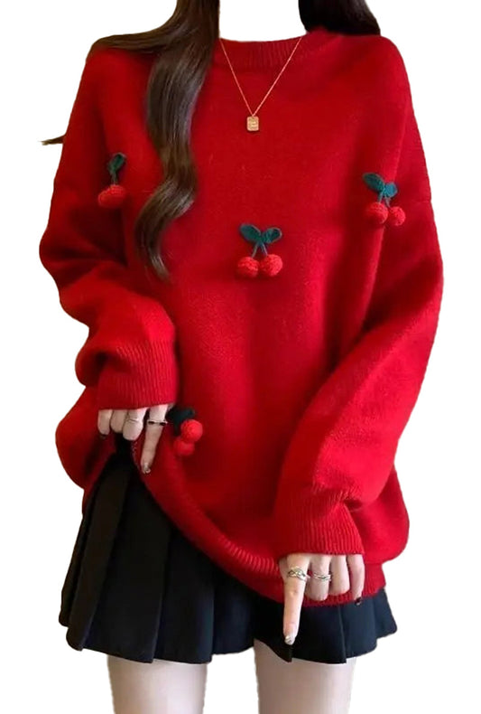 Red cherry sweater for women with fruit embellishments, perfect for stylish casual wear