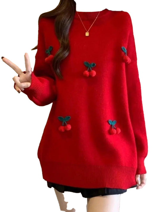 Cozy red cherry sweater for women with 3D cherry applique for a fun, stylish look