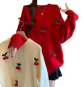 Cozy red cherry sweater for women with cute cherry embroidery and relaxed fit