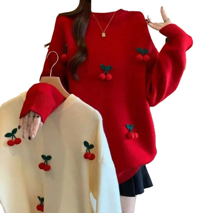 Cozy red cherry sweater for women with cute cherry embroidery and relaxed fit