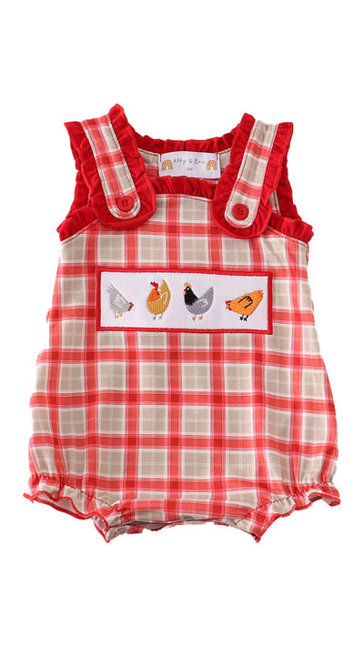 Adorable Red Chicken Embroidery Plaid Girl Bubble: Perfect Outfit For Your Little Star! - LuckeLadybug LLC