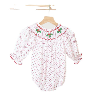 Adorable Red Christmas Bishop Smocked Dot Bubble For Stylish Babies And Toddlers - LuckeLadybug LLC