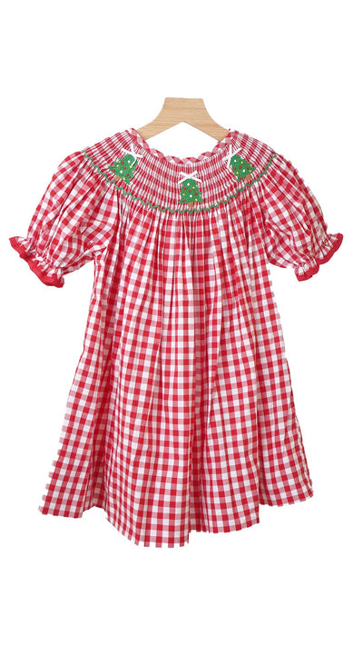 Adorable Red Christmas Tree Smocked Gingham Dress For Stylish Babies And Toddlers - LuckeLadybug LLC