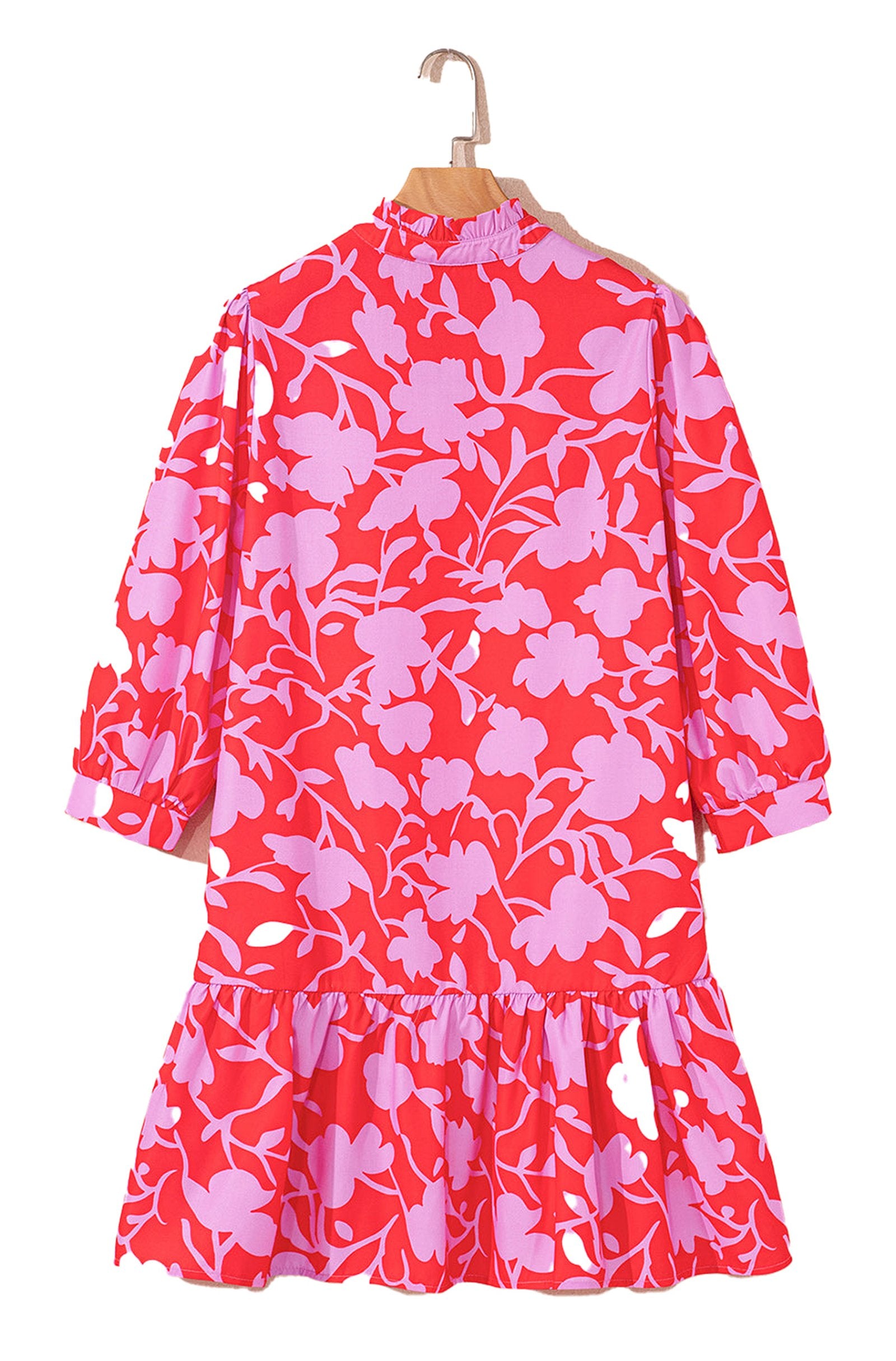 LuckeLadybug red floral mini dress with a ruffled hem and three-quarter sleeves