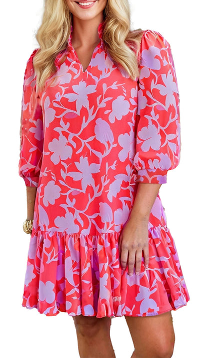 LuckeLadybug red floral mini dress with puff sleeves and ruffled hem, perfect for stylish summer outings