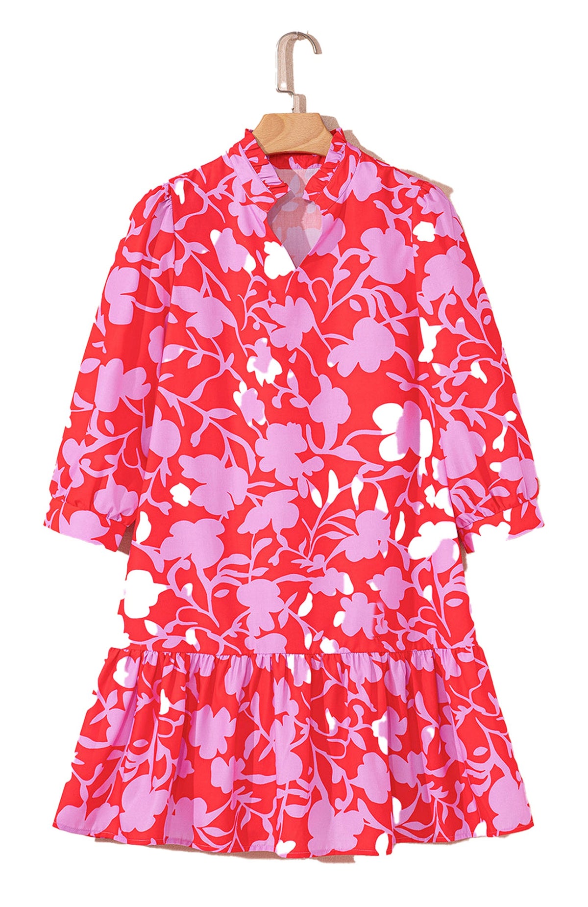 Same Ruffle Hem Red Mini Chic Red Floral Mini Dress with Ruffle Hem & Three Quarter Sleeves ...