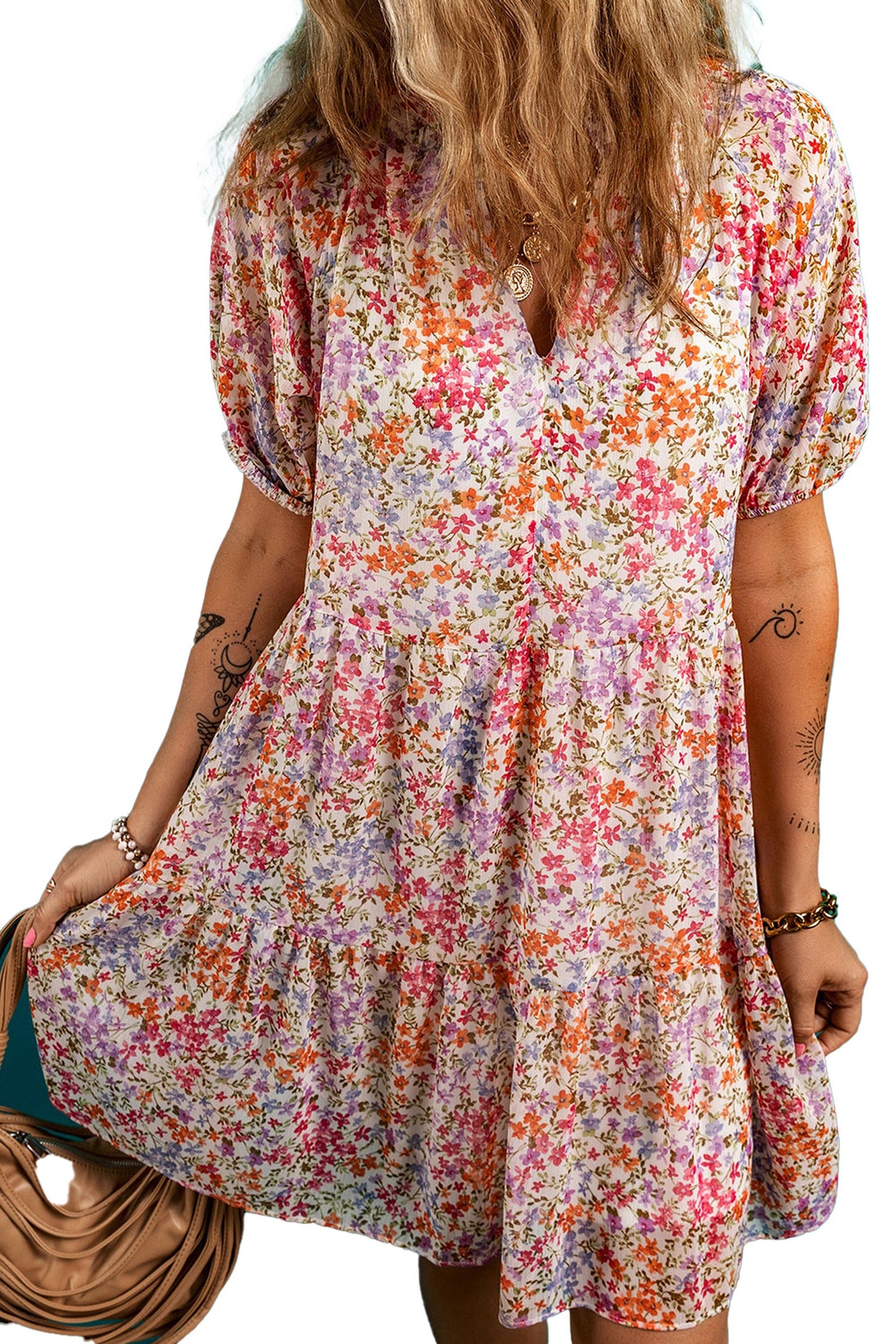 LuckeLadybug red floral puff sleeve mini dress with a vibrant floral pattern and relaxed fit