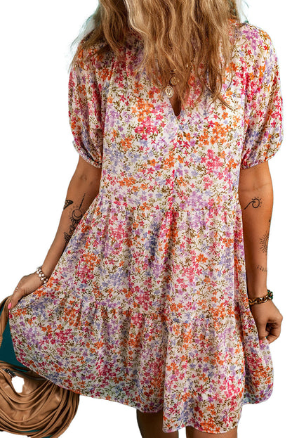 LuckeLadybug red floral puff sleeve mini dress with a vibrant floral pattern and relaxed fit